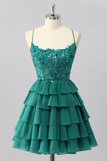 Dark Green A Line Sequins Tiered Homecoming Dress with Appliques